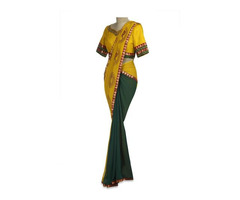 Ochre-Yellow & Emerald Green Saree With Lace