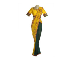 Ochre-Yellow & Emerald Green Saree With Lace - 2