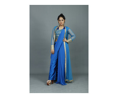Shop Royal Blue Draped Saree Blouse and Shrug Online