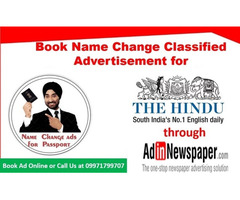Book Change of Name Ads in The Hindu Newspaper