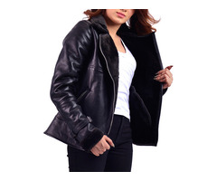 Black Shearling Womens Biker Leather Jacket - 4